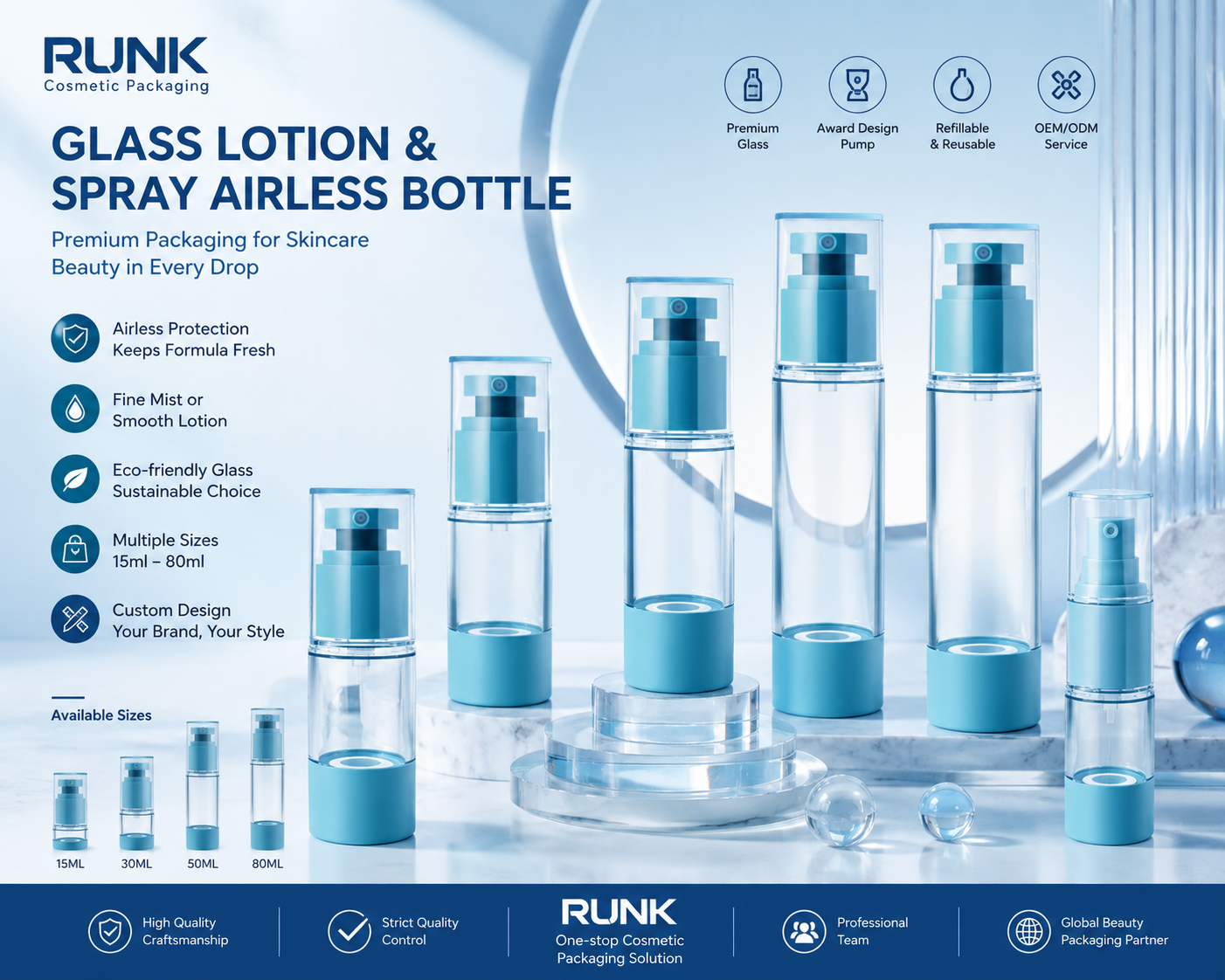 Produit supérieur de l’usine d’emballages cosmétiques Runk – Flacon airless en verre pour lait et spray