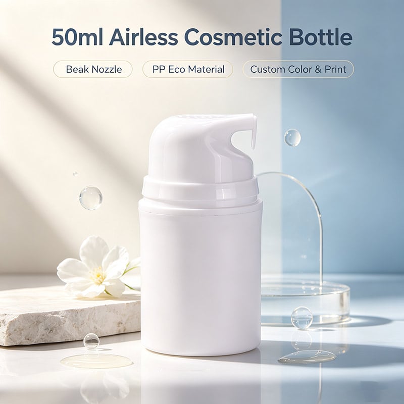 Flacone cosmetico airless da 50 ml all’ingrosso, in materiale PP, con pompa e confezione personalizzabile con logo