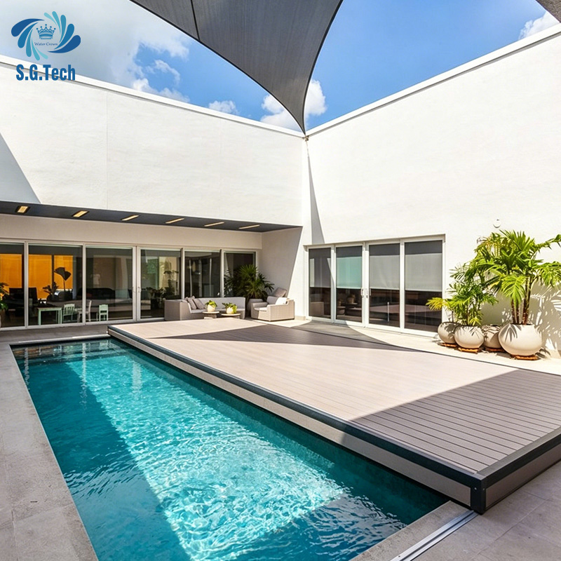 Water Crown 2026 Automatic Sliding Deck Pool Cover Stainless Steel Material Customized Moving Floor for Outdoor Swimming Pool