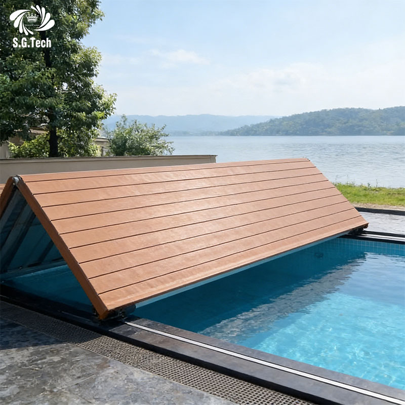Water Crown Automatic Folding Pool Cover with PC & Wood Materials for Swimming Pools Spa Pools Public Pools