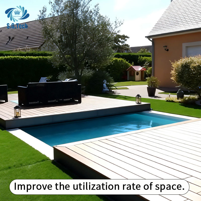 Automatic Sliding Pool Cover for Ground Pools Stainless Steel Wood Eco-Friendly Durable Waterproof Outdoor for Swimming Pools