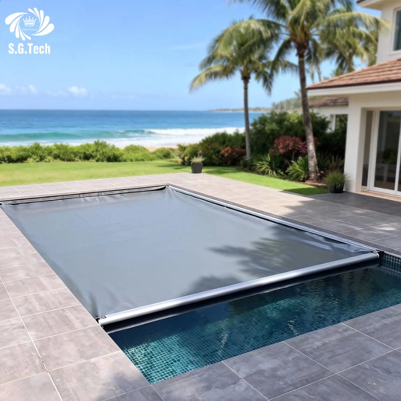 Durable Electric Rolling PVC Pool Cover Anti Corrosion Steel Shaft Custom Width For Outdoor Inground Swimming Pool