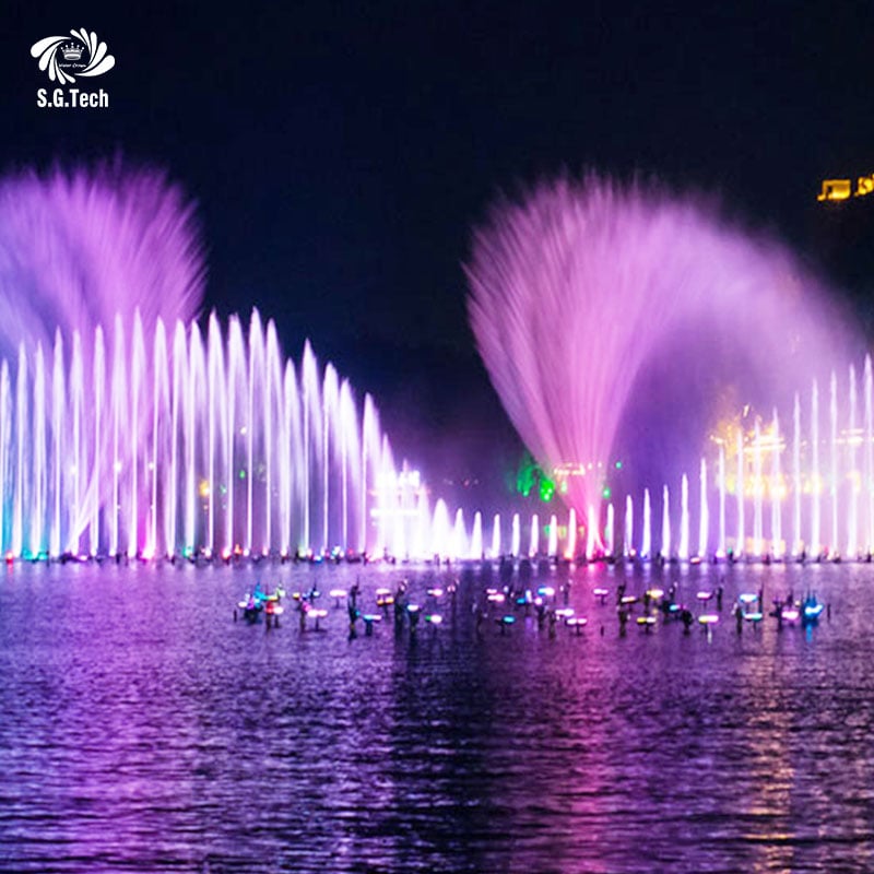 How does a dancing fountain synchronize vertical water jets with classical music beats for a dramatic show?