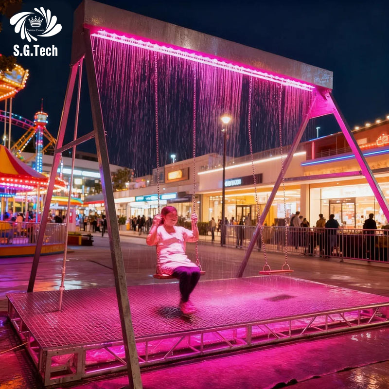 Programmable Graphic Swing Water Curtain Fountain Non‑Wet Interactive Waterfall Swing With RGB Lighting For Tourist Attraction