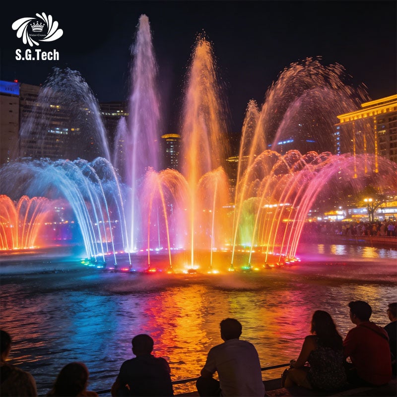 La fontana di design premium di Water Crown presenta una struttura in acciaio inossidabile, illuminazione RGB impermeabile e grado di protezione IP68.