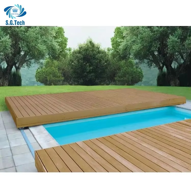 Customized Automatic Sliding Pool Deck Cover Durable Stainless Steel Wood Child Remote Control Friendly for Swimming Pools SPAs manufacture
