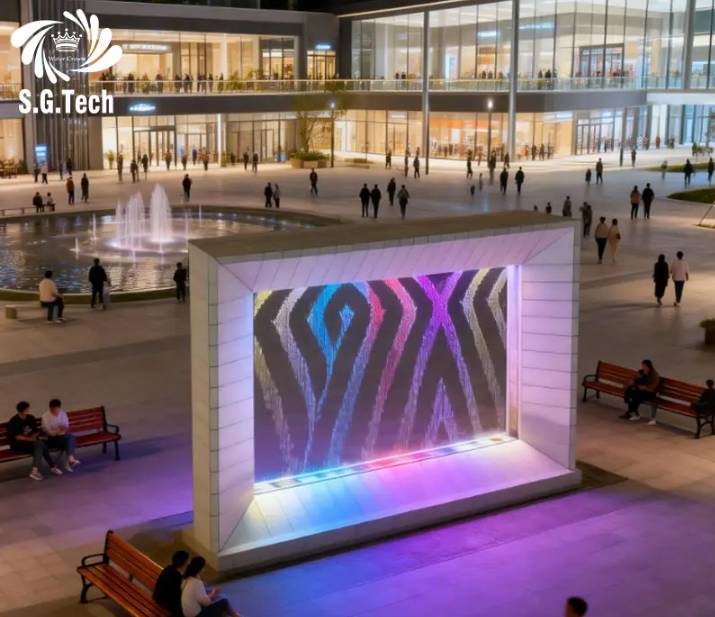 Why would a custom digital water curtain with 100 individual nozzles be used for a brand logo display at a trade show?