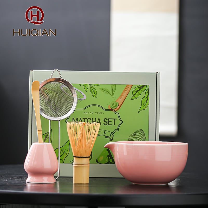  Huiqian Matcha Bowl Set with Pouring Spout, 5Pcs Japanese Matcha Whisk Kit, Ceramic Chawan, Bamboo Chasen & Chashaku, Matcha Tools for Matcha Latte & Tea Ceremony