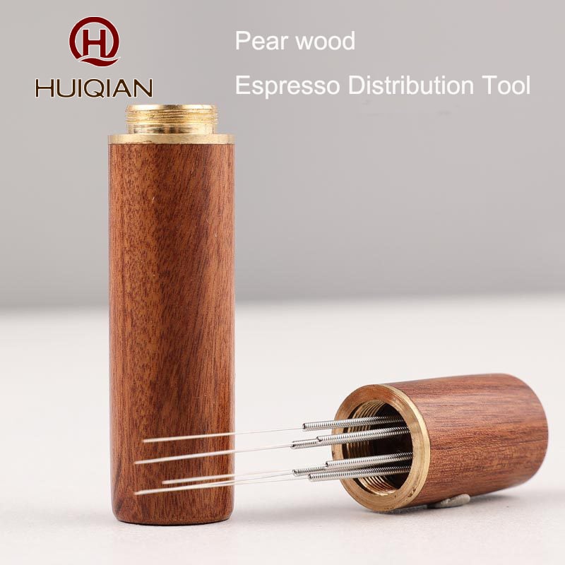 Espresso Coffee Stirrer, Espresso Distribution Tool Coffee Stirring Tool,Professional Barista Hand Needle Type Distribution Tool 6 Needles 0.4mm Natural Wood Handle and Stand