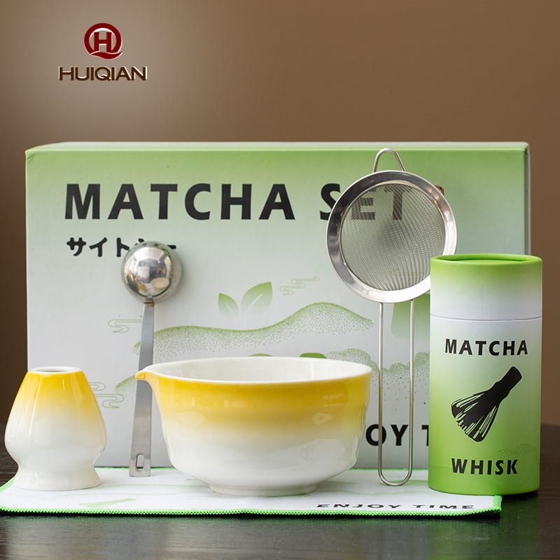 Huiqian 6Pcs Matcha Set, Japanese Matcha Tea Ceremony Kit, Ceramic Matcha Bowl with Spout, Bamboo Whisk, Chashaku, Sifter, Whisk Holder, Tea Cloth & Bamboo Tray, Premium Matcha Gift Set