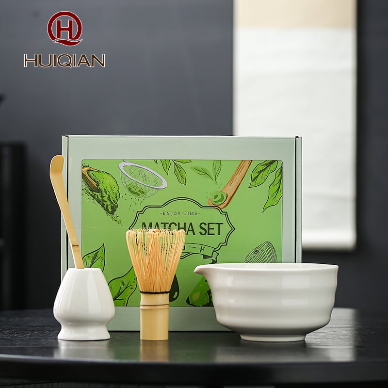  Huiqian Matcha Starter Kit, 4Pcs Japanese Matcha Whisk Set with Ceramic Matcha Bowl (Chawan), Bamboo Chasen, Chashaku, Whisk Holder, Traditional Matcha Tea Ceremony Tools for Home, Matcha Gift for Tea Lovers