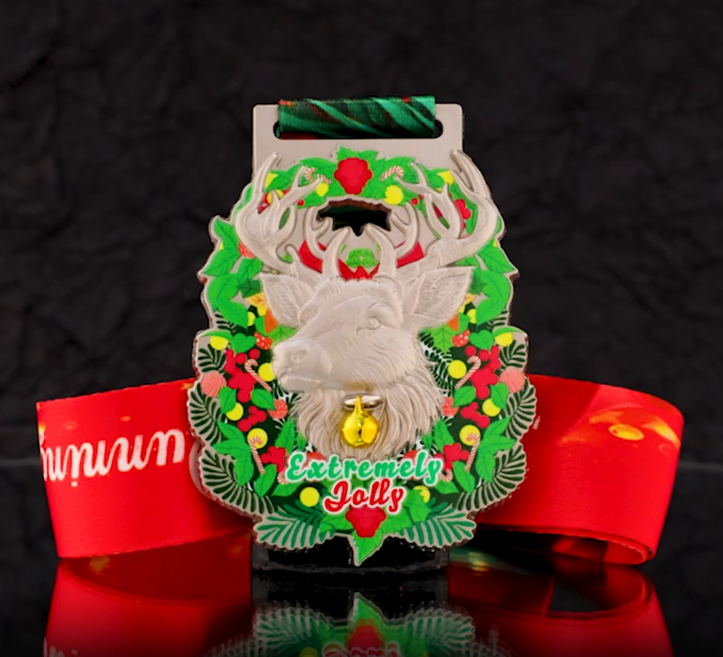 Extremely Jolly Christmas: Festive Medal with 3D Reindeer & Wreath - Red & Green Stripe Ribbon