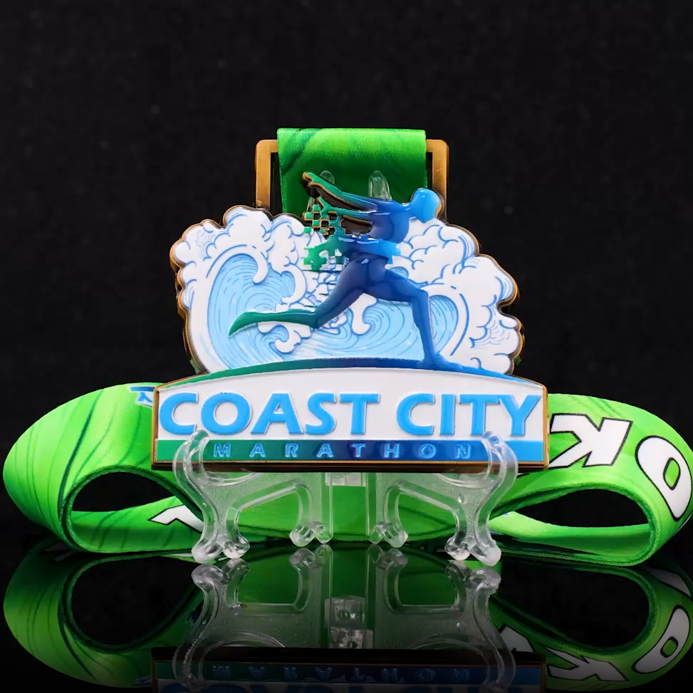 Coast City Marathon Medal: Runner’s Wave & Blue Horizon