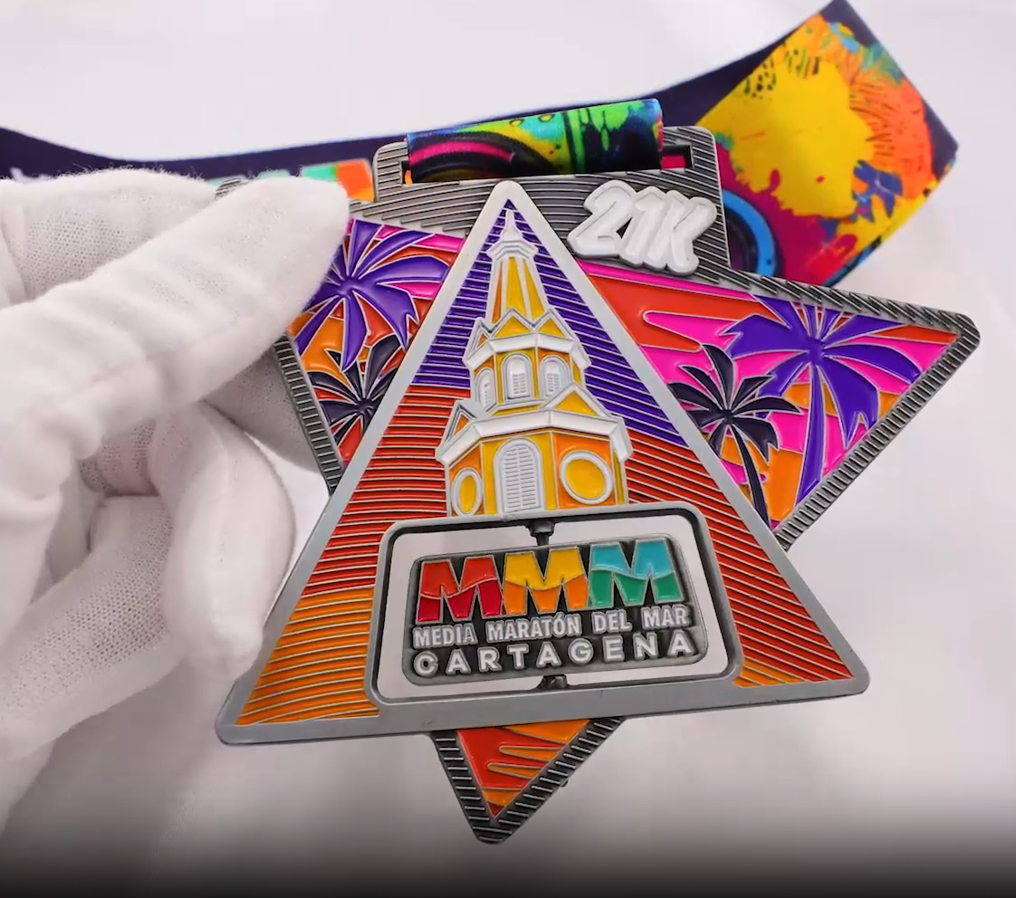 Cartagena Half Marathon: Triangular Medal with Sunset Lighthouse & 21K Relief