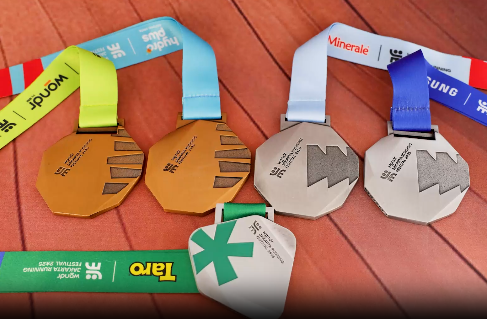 2014 Japan Fall Running Festival: Unique Polygonal Medals - Gold, Silver & White with Colorful Sponsor Ribbons