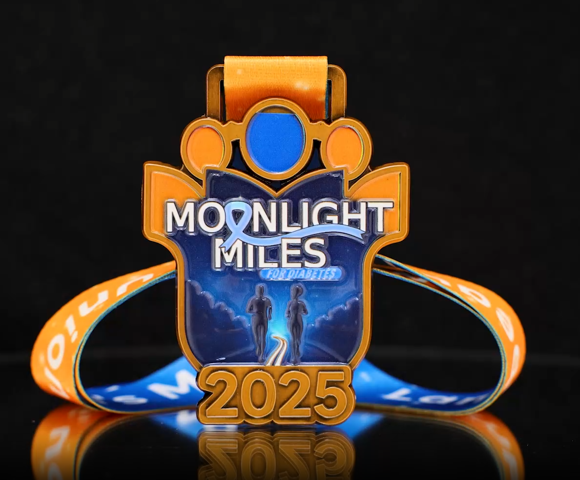 2025 Moonlight Miles: Charity Run Shield Medal - Orange & Blue Gradient Ribbon with Guardian Runners