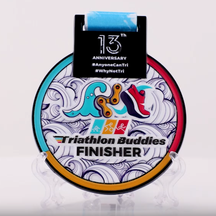 Triathlon Buddies 13th Anniversary Triathlon Finisher Medal - Swim/Bike/Run Themed Custom Race Award with Lanyard