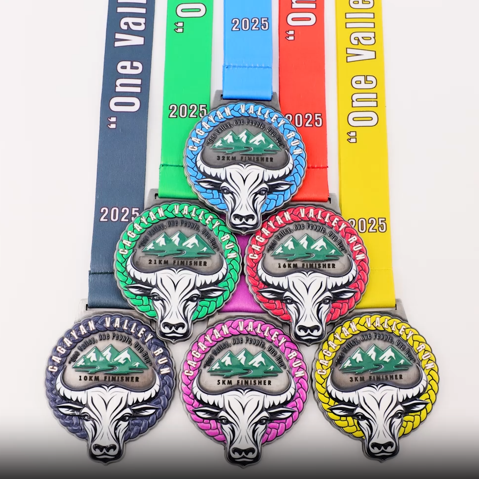 Multi-Distance Valley Run Finisher Medal Set - Native Bull & Mountain Themed Custom Race Awards with Color-Coded Lanyard