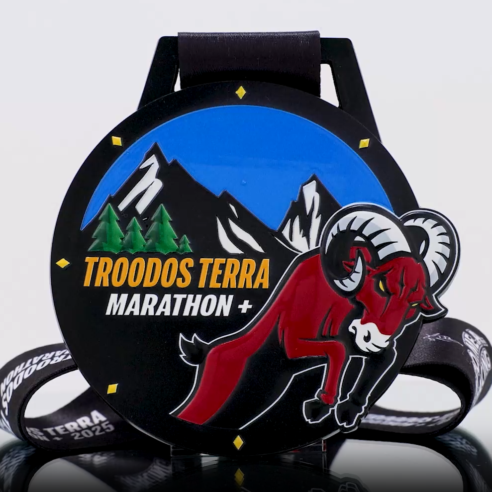 Troodos Mountain Marathon Finisher Medal - Mountain Goat & Alpine Landscape Custom Race Award with Lanyard
