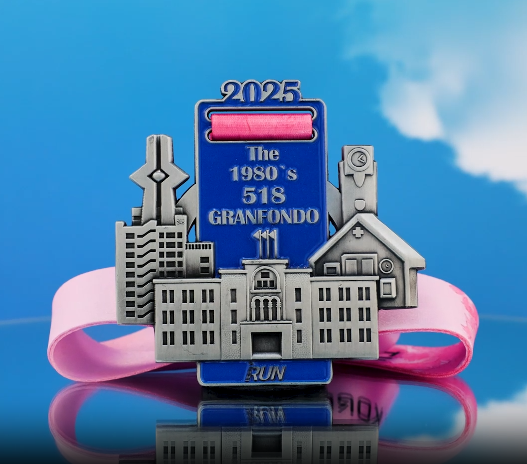 The 1980's 518 Granfondo Run: Retro Revival Medal - Blue & Pink Ribbon with Vintage Architecture Silhouette
