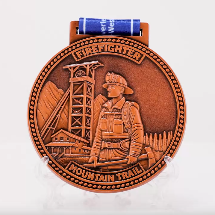 Firefighter Mountain Trail Finisher Medal - Firefighter Relief Themed Custom Trail Run Award with Lanyard