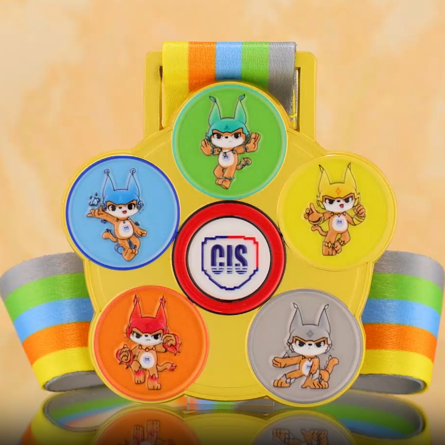 CIS Themed 5 Mascots Finisher Medal - Modular Cartoon Character Custom Award with Rainbow Lanyard