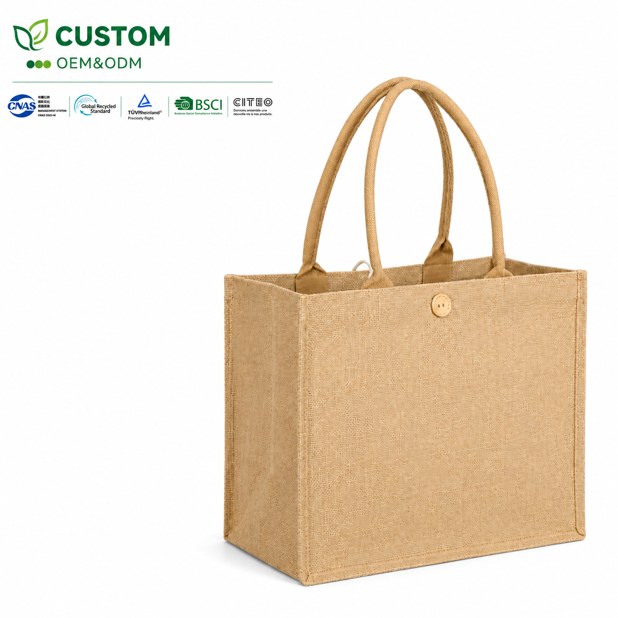Custom Blank Structured Jute Shopping Bag with Wooden Button Closure