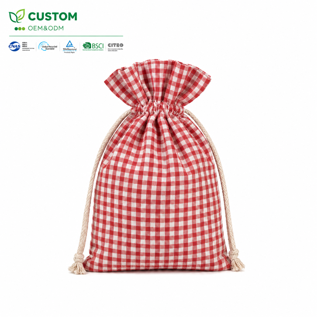 Custom Red Gingham Cotton Drawstring Pouch for Holiday Treats
