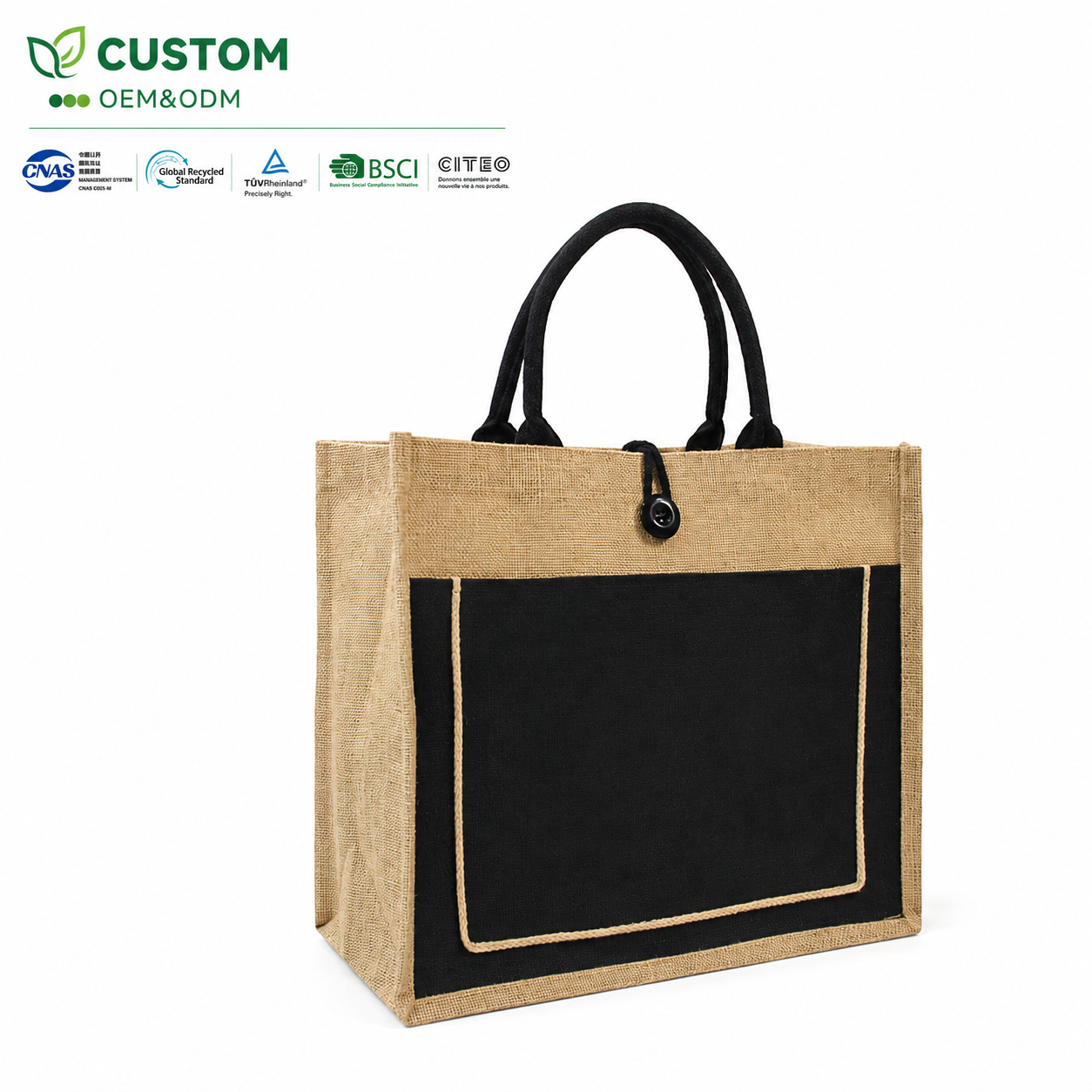 Custom Jute Shopping Bag with Blank White Canvas Front Panel
