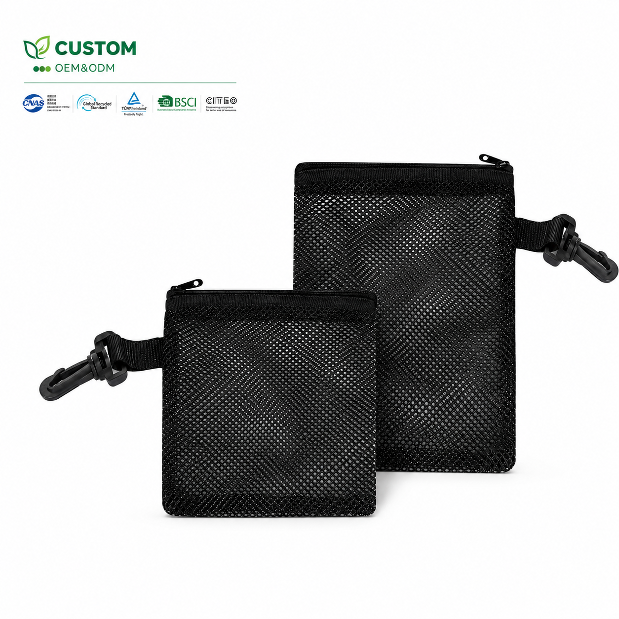 Custom Black Mesh Cosmetic Shopping Bag with Zipper and Carabiner Clip