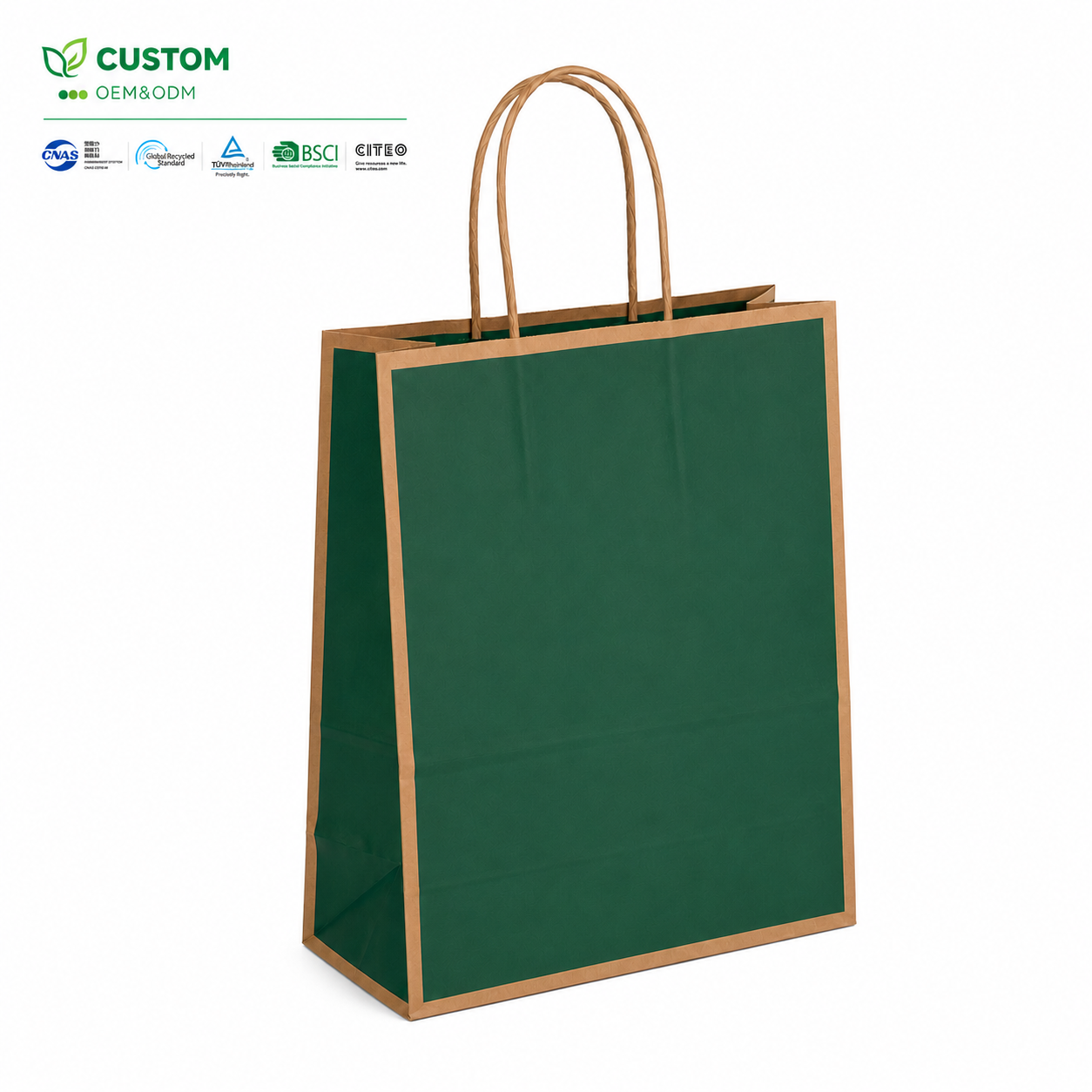Custom Vertical Dark Green Kraft Shopping Bag with Brown Borders and Twisted Handles
