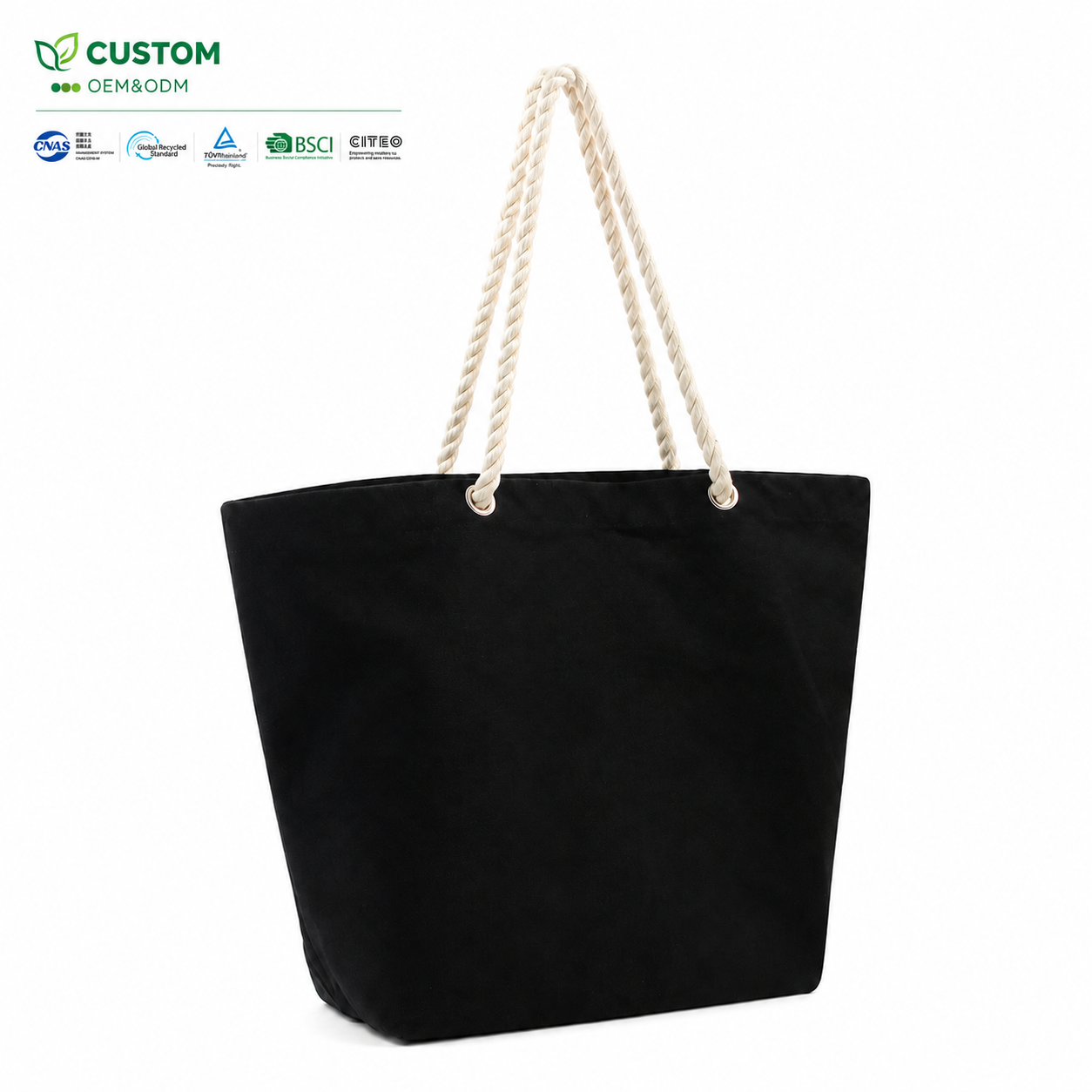Custom Minimalist Black Cotton Canvas Event Tote with Braided Rope Straps