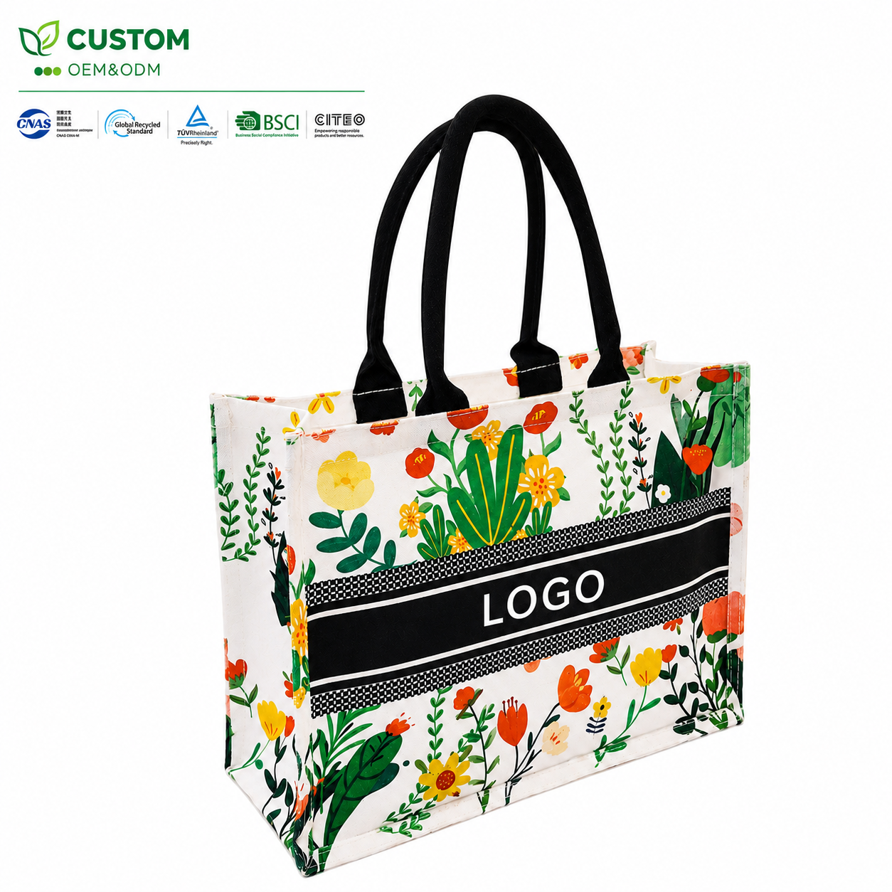 Custom Floral Printed Structured Canvas Tote Bag with Contrast Logo Band