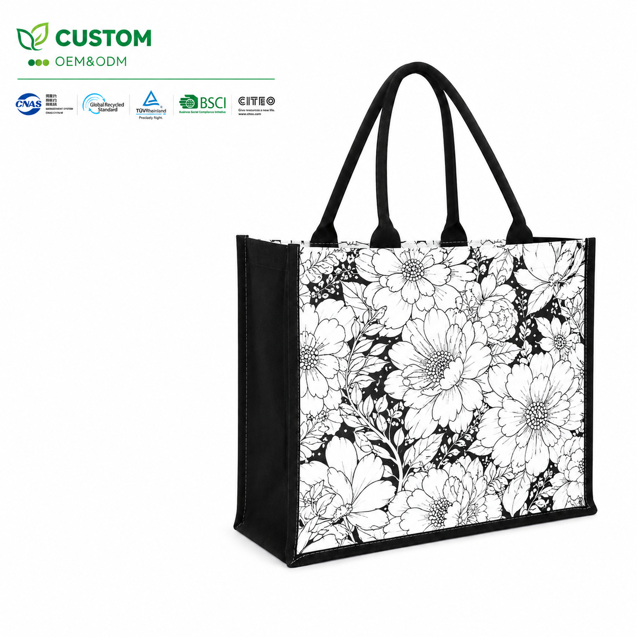 Custom Monochrome Floral Printed Structured Canvas Tote Bag