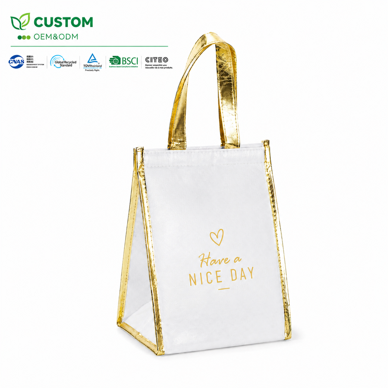 Custom Luxury White Thermal Bag with Metallic Gold Trim & Handles