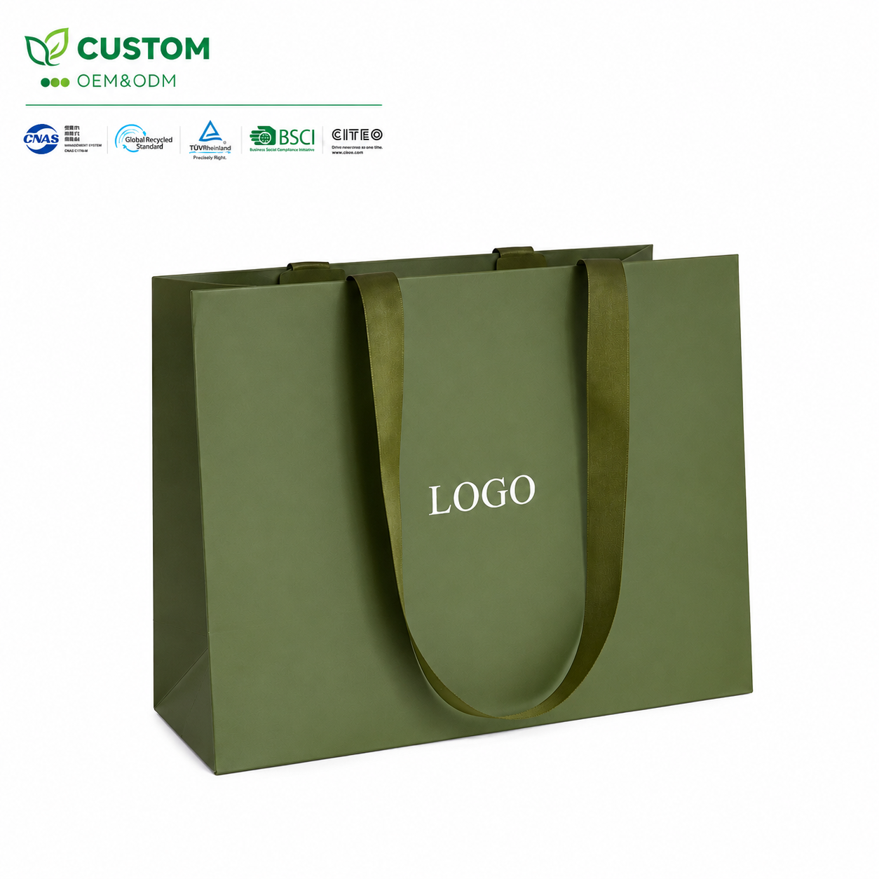 Custom Luxury Matte Olive Green Paper Shopping Bag with Satin Ribbon Handles