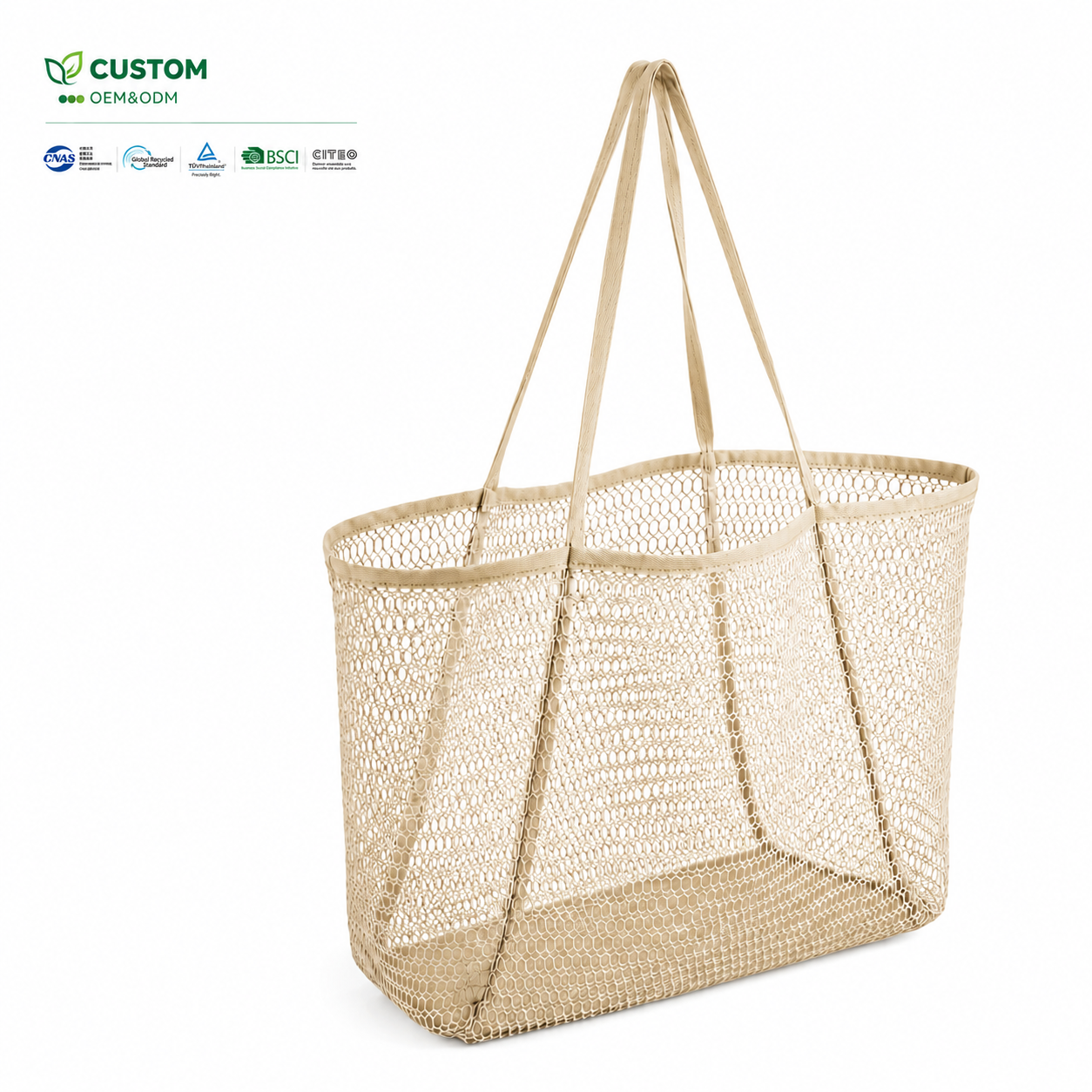 Custom Beige Woven Net Shopping Bag with Full-Length Wrap-Around Straps