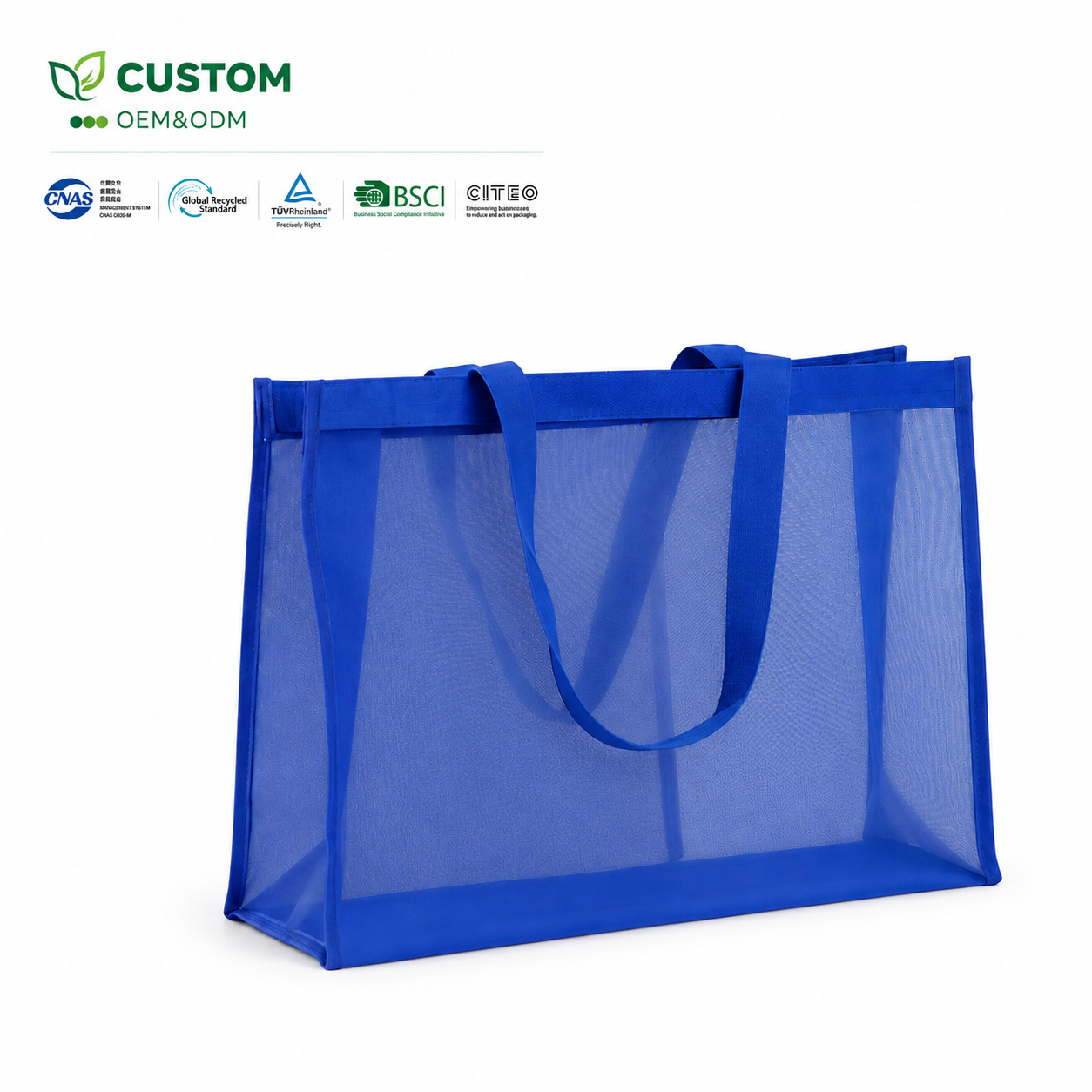 Custom Blue Breathable Mesh Shopping Bag with Solid Fabric Trim