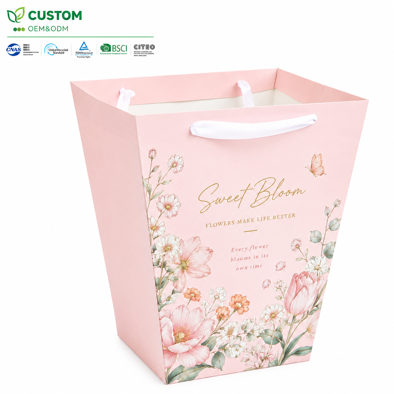 Custom Flared Pink Floral Paper Gift Bag with Gold Foil and Ribbon Handles