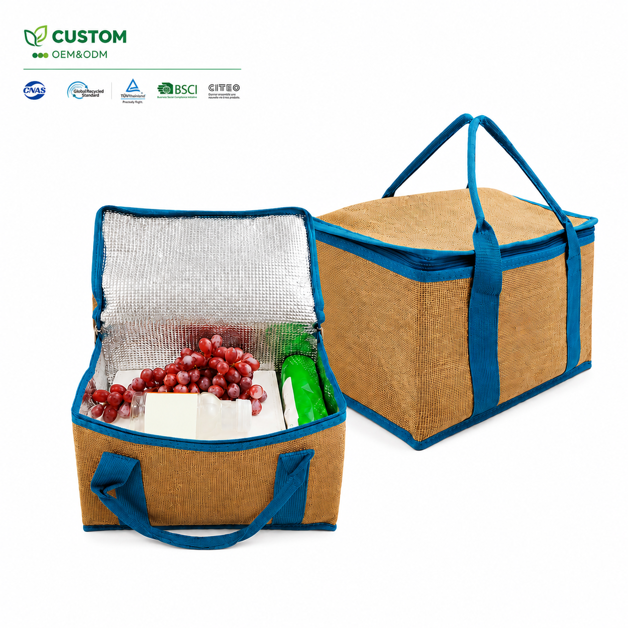 Custom Insulated Natural Jute Shopping Bag with Zipper and Blue Trim
