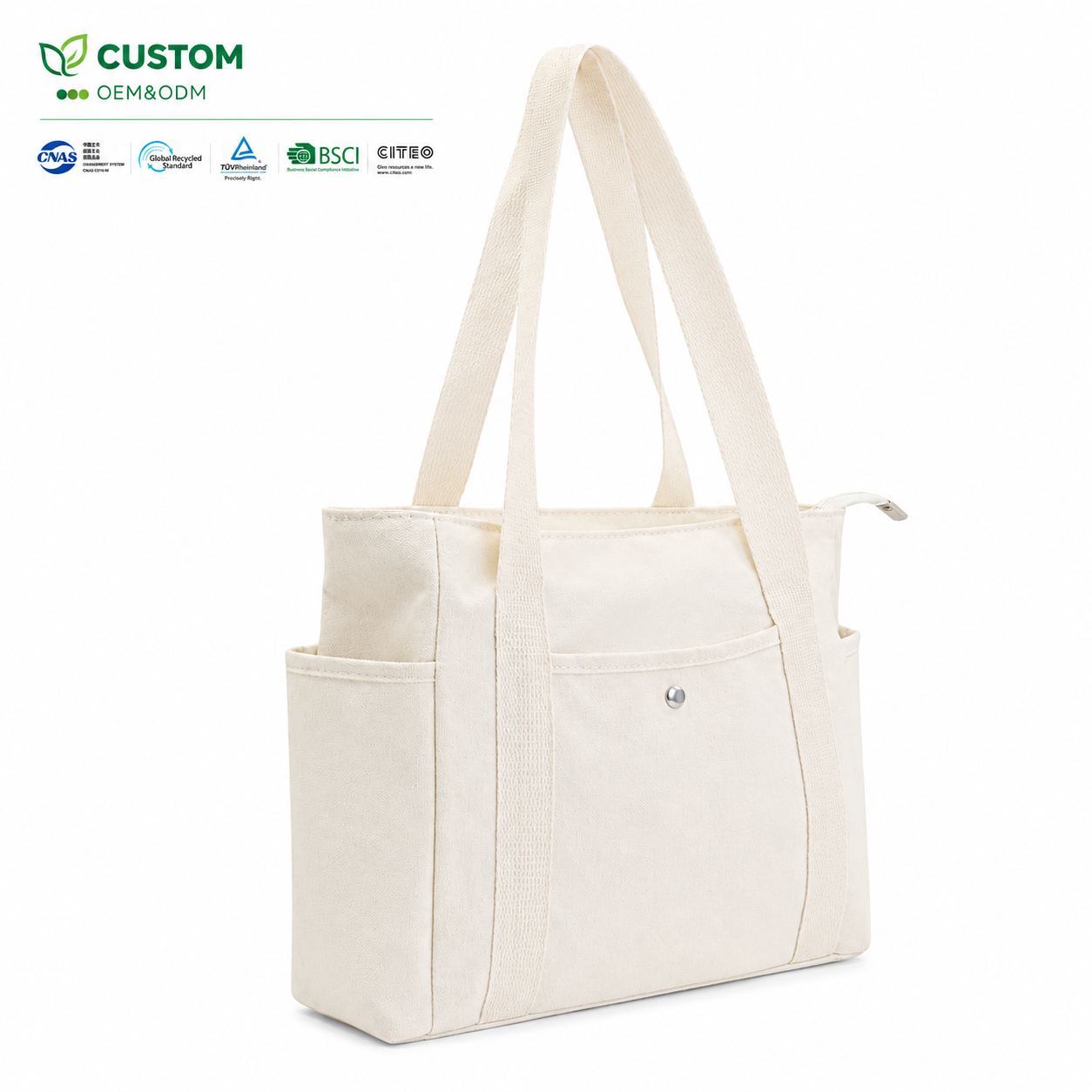 Product Overview:Custom Multi-Pocket Cotton Canvas Tote Bag with Zipper Closure