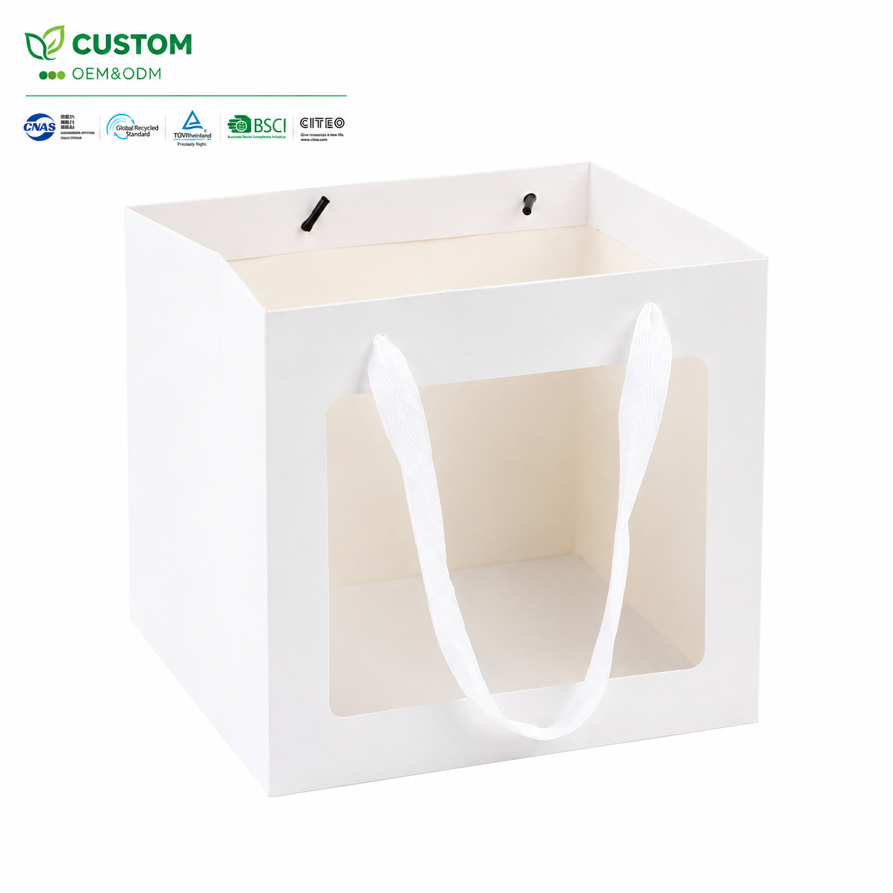 Custom Square White Display Paper Gift Bag with Clear Window and Ribbon Handles