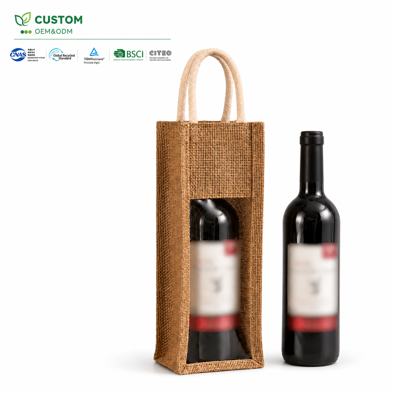 Custom Natural Jute Wine Bag with Clear PVC Window and Tubular Handles