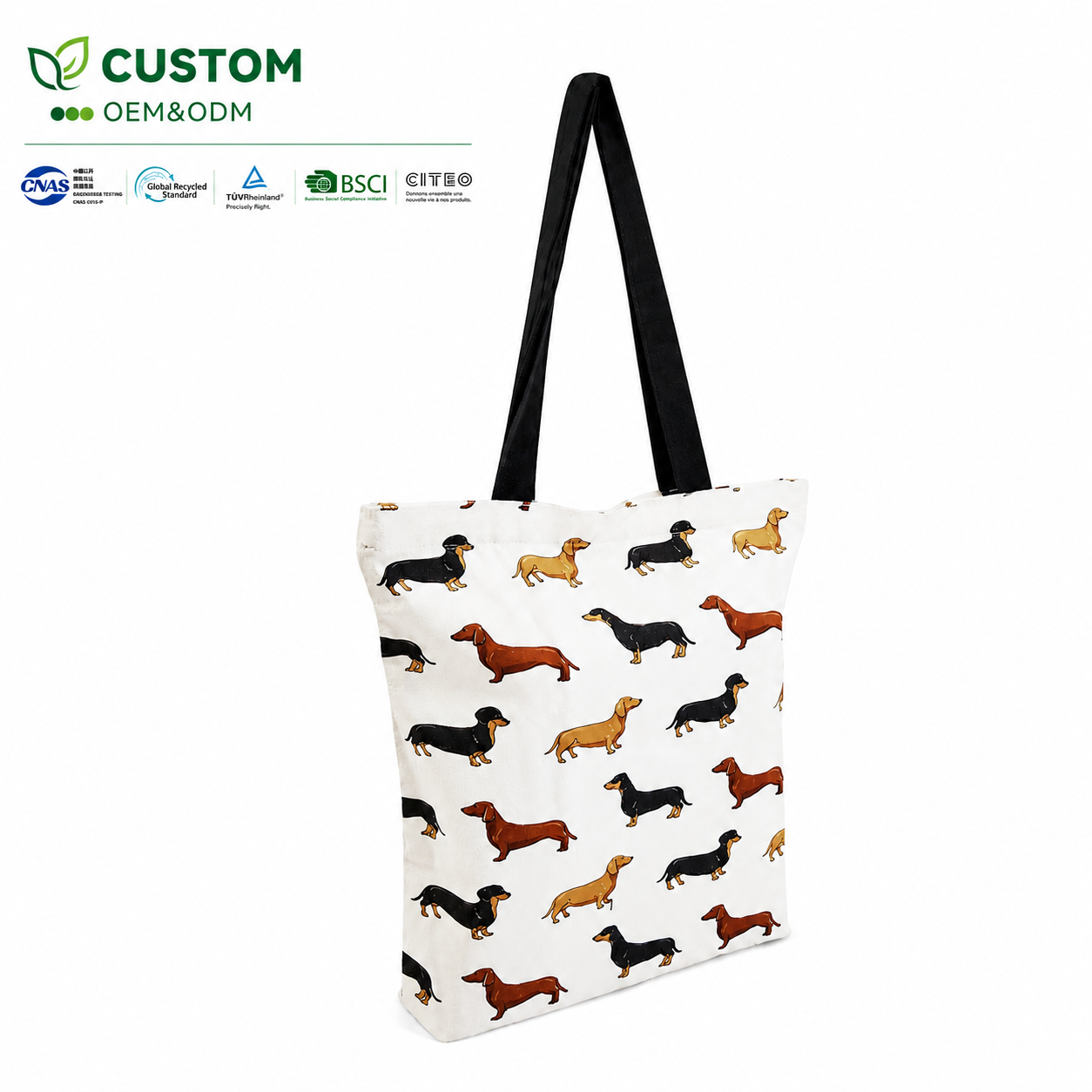 Custom Dachshund Print Cotton Retail Shopping Bag with Black Handles