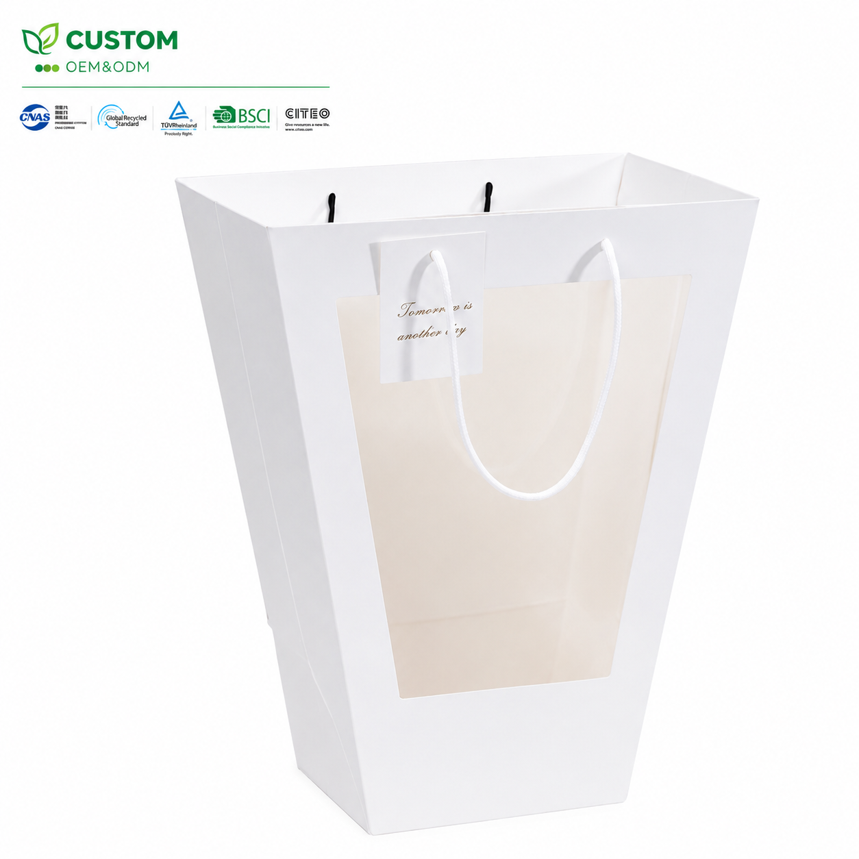 Custom Trapezoidal White Paper Bouquet Bag with Clear Display Window