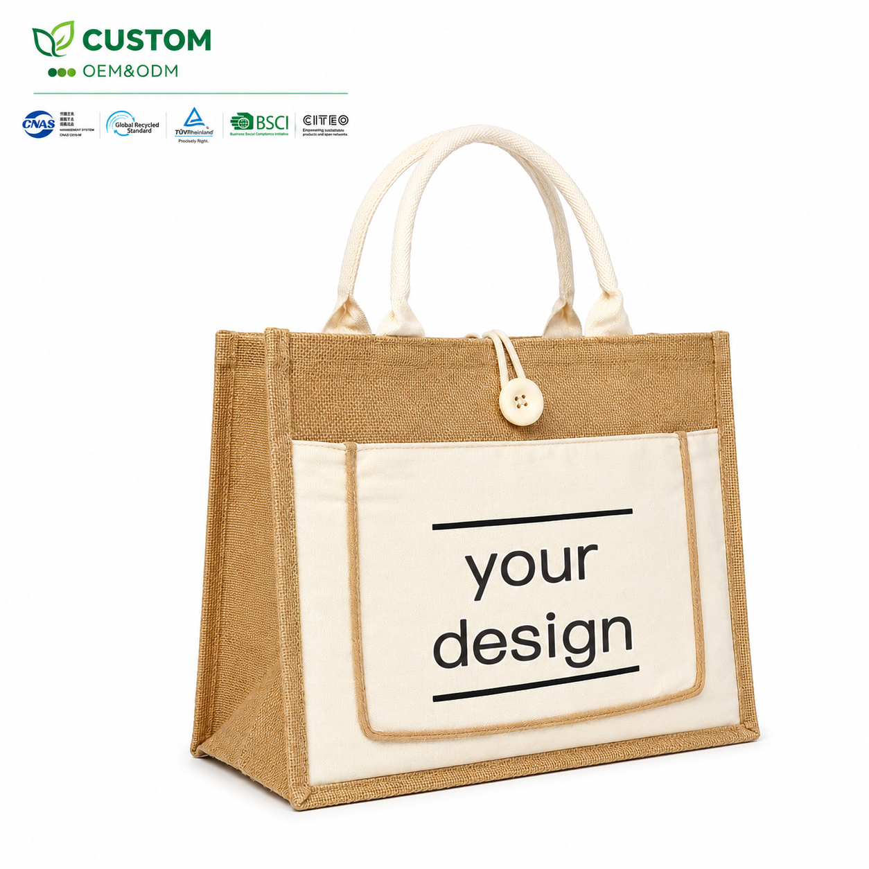 Custom Jute Shopping Bag with Blank White Canvas Front Panel