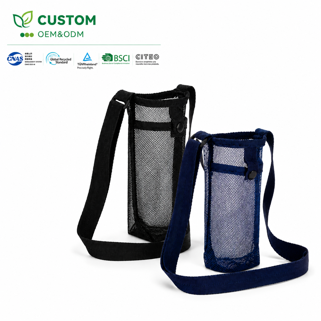 Custom Crossbody Mesh Bottle Shopping Bag with Adjustable Strap and Snap Closure