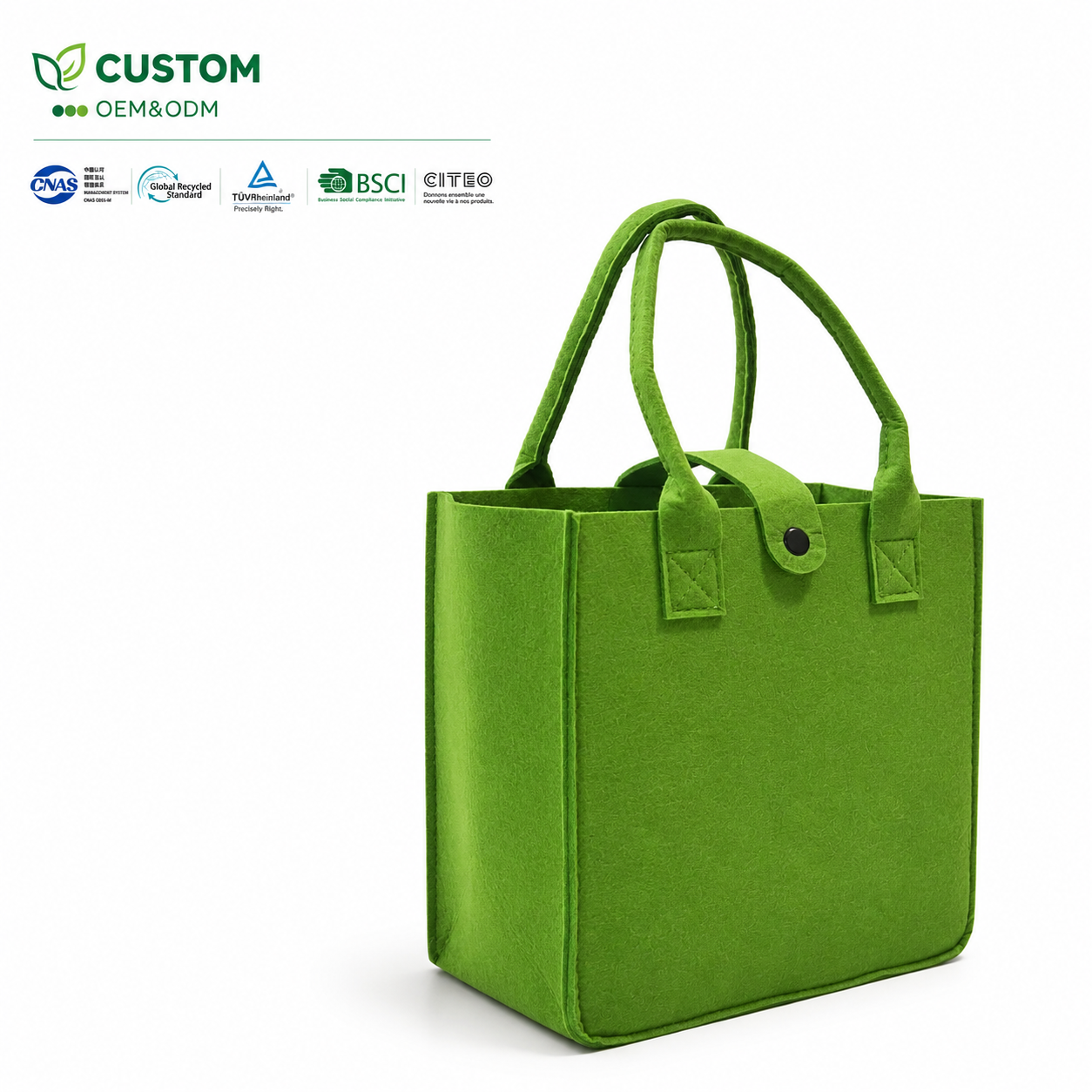 Custom Structured Green Felt Shopping Bag with Snap-Button Closure