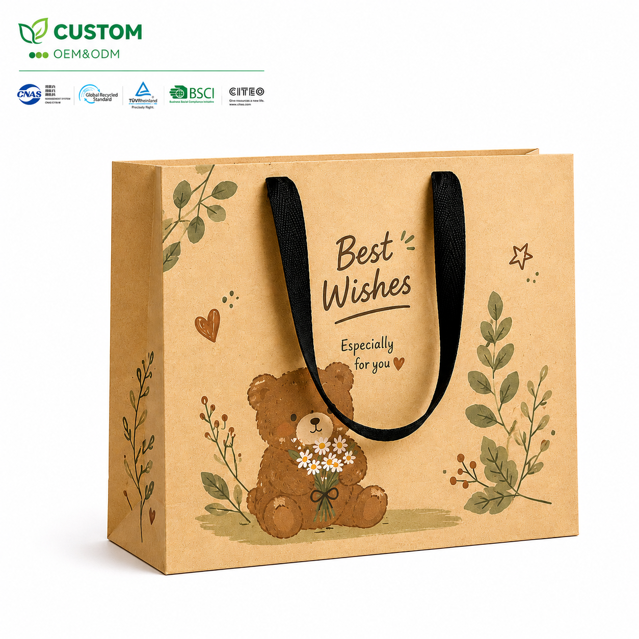 Custom Illustrated Kraft Paper Gift Bag with Black Ribbon Handles