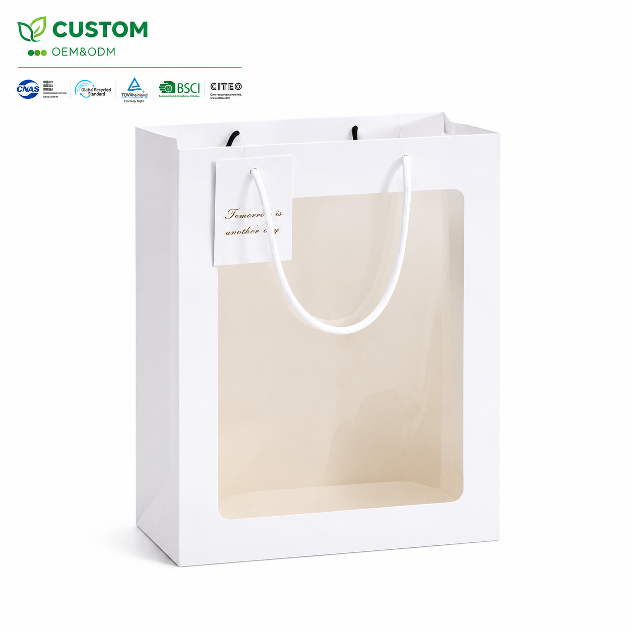 Custom White Display Paper Gift Bag with Clear PVC Window and Tag